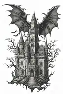 dracula castle with bats in dark fantasy and neo tribal style tattoo design idea