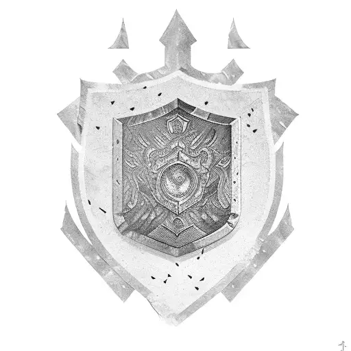 rounded aegis shield with different mythology motives around the shield tattoo design idea