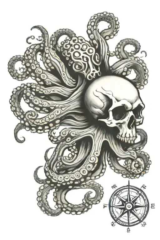 octopus stretching tentacles holding skull and compass tattoo design idea