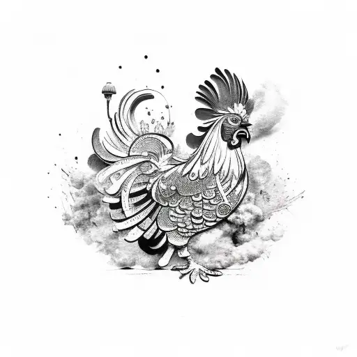 on Left arm, tatoo trash polka, chinese rooster, drum with sticks and technology by Volker Merschky tattoo design idea