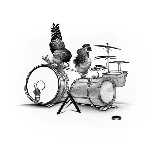 trash polka, chinese rooster, drum, sticks, technology tattoo design idea