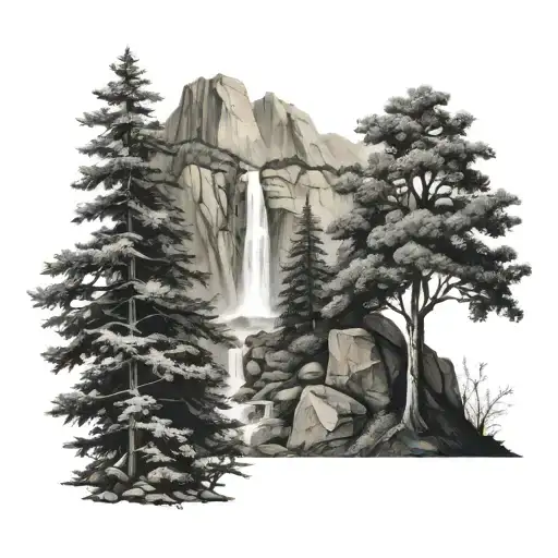 mountain trees waterfall holly cross   tattoo design idea