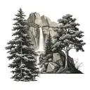 mountain trees waterfall holly cross   tattoo design idea