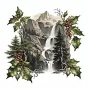 mountain trees waterfall holly cross   tattoo design idea