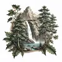 mountain trees waterfall holly cross   tattoo design idea