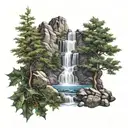mountain trees waterfall holly cross   tattoo design idea