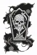 metallica dead magnetic coffin surrounded by viking runs tattoo design idea