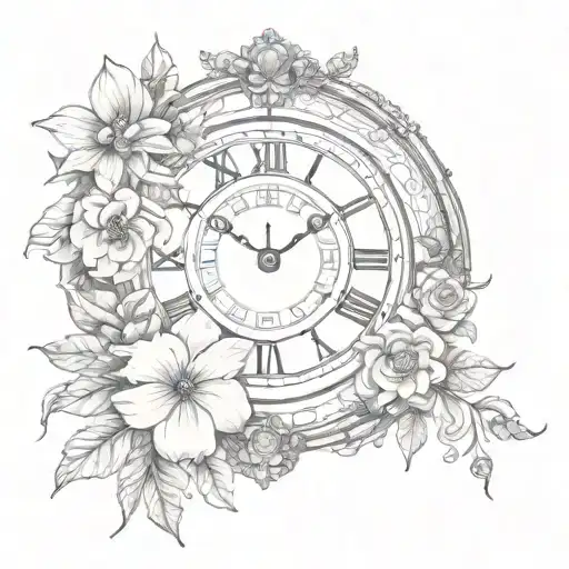 roman numeral clock with flowers intertwined tattoo design idea