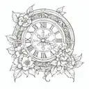 roman numeral clock with flowers intertwined tattoo design idea