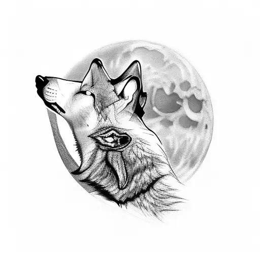 A powerful wolf howling at the moon, with a silhouette of a father and son playing sports in the background tattoo design idea