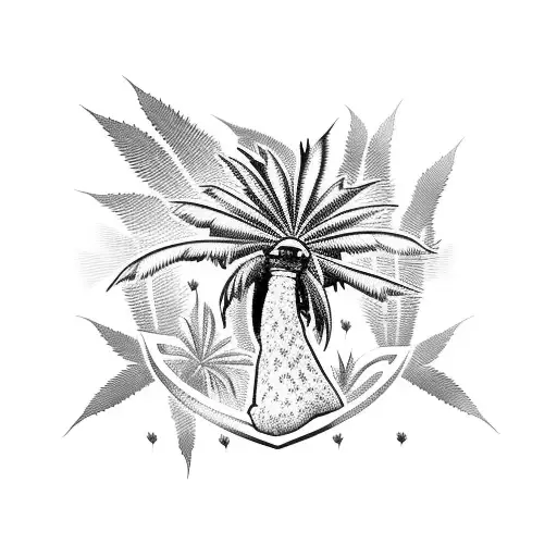 A traditional tattoo design of a palm tree with a dog sitting under it, surrounded by reggae instruments and hemp leaves. tattoo design idea