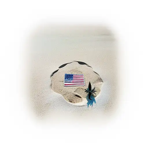 A realistic tattoo of a serene beach sunset with a silhouette of the client's dog and reggae lyrics written in the sand, with hemp leaves scattered around. tattoo design idea