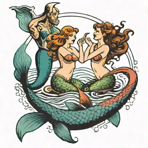 In the middle there is supposed to be a drowning man and on the sides mermaids singing tattoo design idea
