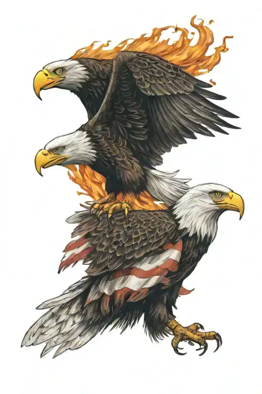 American flag flames as the stripes and a bald eagle with dog tags hanging from its feet tattoo design idea