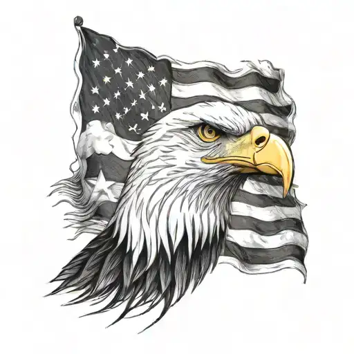 black Forearm tattoo of a american flag with the stripes as flames and a bald eagle with a dog tag tattoo design idea