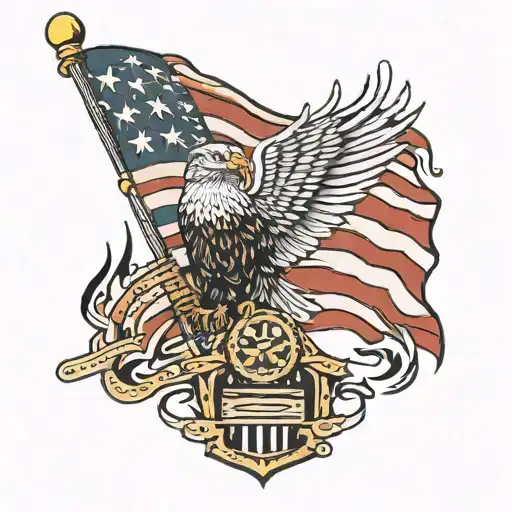 Forearm tattoo of a american flag with the stripes as flames and a bald eagle with a dog tag tattoo design idea