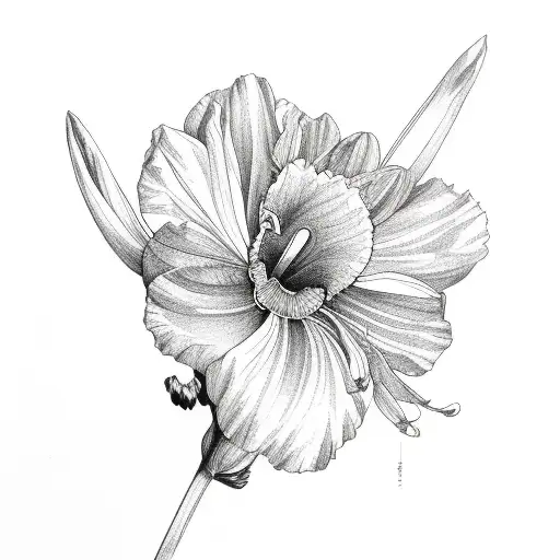 bouquet with Iris, daffodil and cosmos tattoo design idea