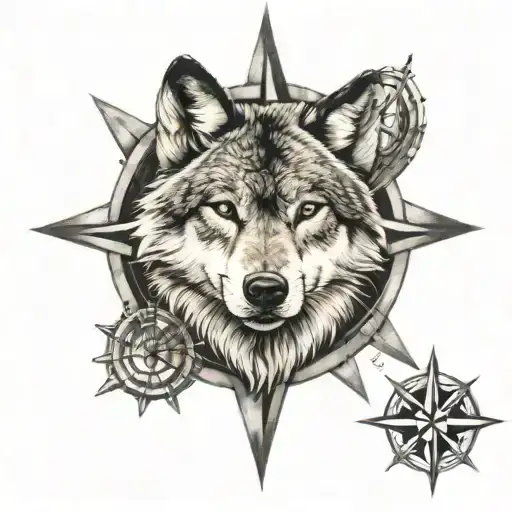 Wolf Face and compass rose tattoo design idea