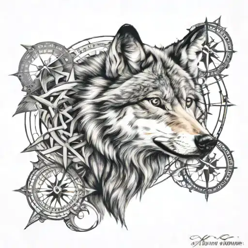 Wolf Face and compass rose intertwined tattoo design idea