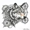 Wolf Face and compass rose intertwined tattoo design idea
