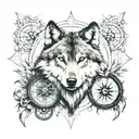 Wolf Face and compass rose intertwined tattoo design idea