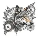 Wolf Face and compass rose intertwined tattoo design idea