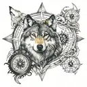 Wolf Face and compass rose intertwined tattoo design idea