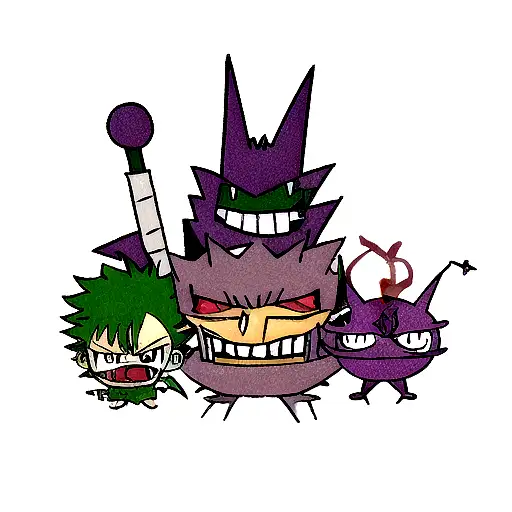 pokemon gengar with three swords of zoro from one piece tattoo design idea