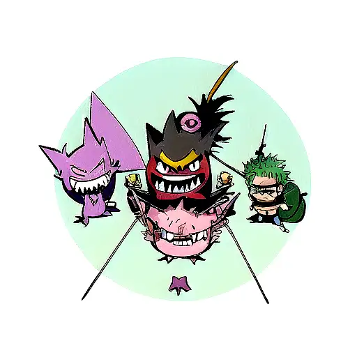 pokemon gengar with three swords of zoro from one piece, and and epic pose tattoo design idea