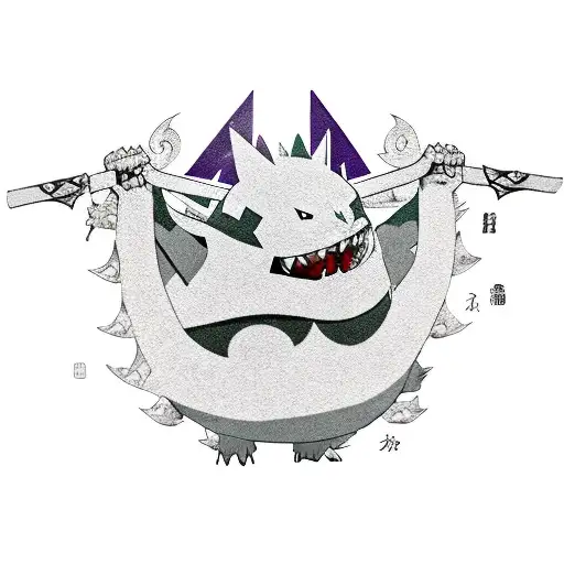pokemon gengar with three swords of zoro from one piece, and and epic pose tattoo design idea