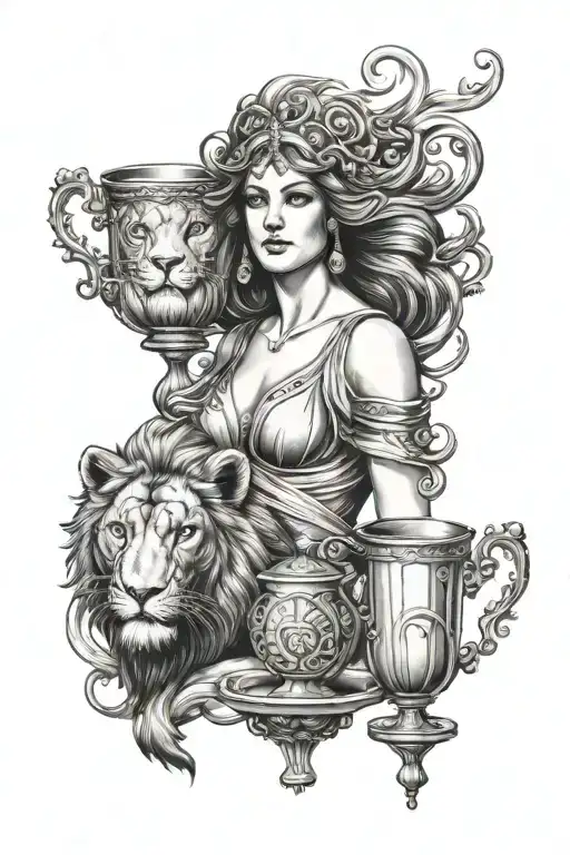 Circe and Lion and cup  tattoo design idea