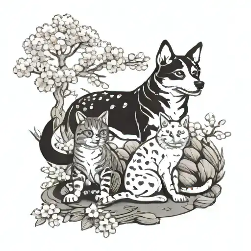 A dotwork tattoo of a dog and cat playing together in a traditional Japanese garden setting, with cherry blossoms blooming overhead tattoo design idea