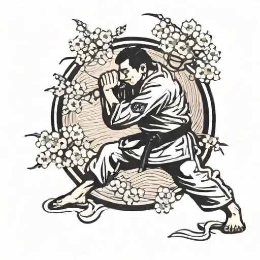 A stylized blackwork tattoo of a jiu jitsu fighter in action, with a Japanese cherry blossom background tattoo design idea