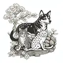 A dotwork tattoo of a dog and cat playing together in a traditional Japanese garden setting, with cherry blossoms blooming overhead tattoo design idea