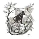 A dotwork tattoo of a dog and cat playing together in a traditional Japanese garden setting, with cherry blossoms blooming overhead tattoo design idea