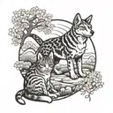A dotwork tattoo of a dog and cat playing together in a traditional Japanese garden setting, with cherry blossoms blooming overhead tattoo design idea