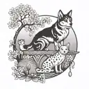 A dotwork tattoo of a dog and cat playing together in a traditional Japanese garden setting, with cherry blossoms blooming overhead tattoo design idea