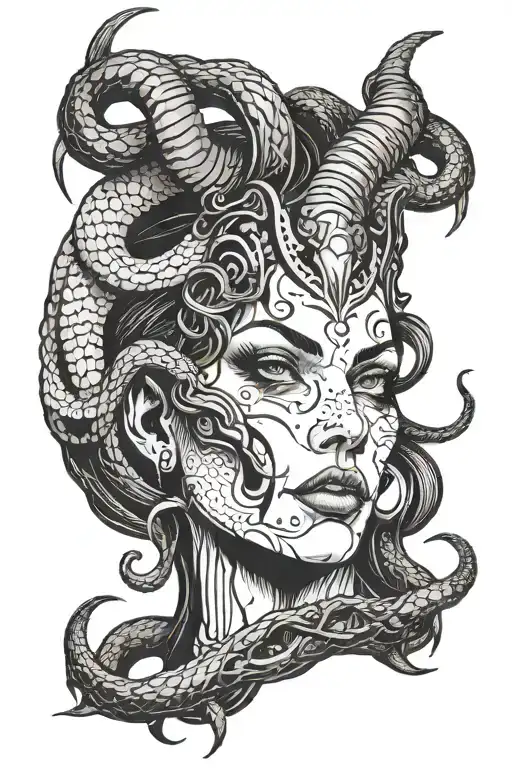 Demonic woman with scary fierce face and horns, with snakes around tattoo design idea