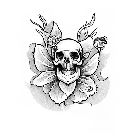 morning glory and paper white narcissus flower spine tattoo with skulls , mushrooms, moths and ghosts tattoo design idea