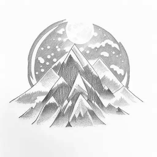 A tattoo of a snow-covered mountain range with a full moon shining above tattoo design idea