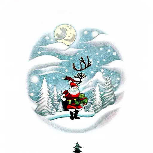 santa claus e reindeer above snowy forest in full moon night tattoo design idea