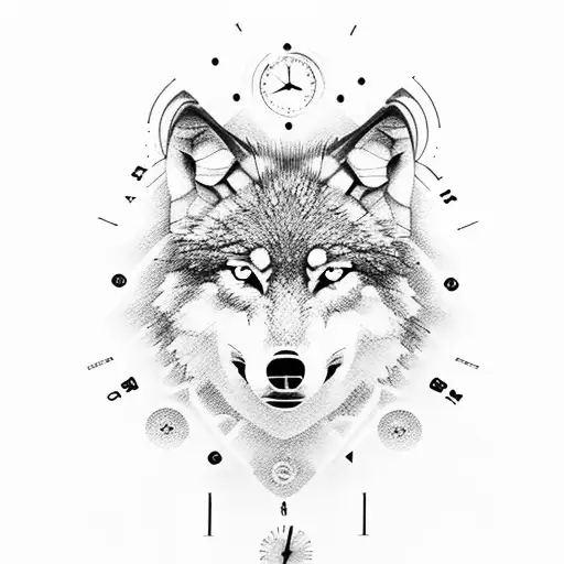 Wolf and analog clock with 03:05:40 hour tattoo design idea