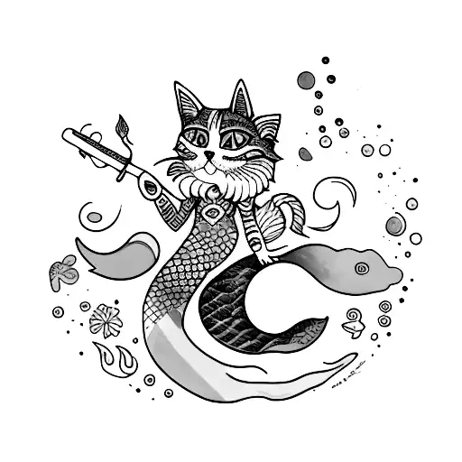 A creative tattoo design featuring a paint palette and a cat with a mermaid tail tattoo design idea