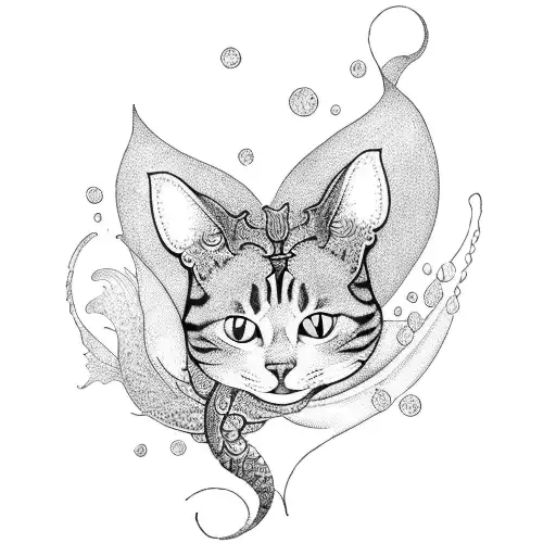 An elegant blackwork tattoo of a cat with a mermaid tail gracefully swimming in the ocean tattoo design idea