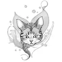 An elegant blackwork tattoo of a cat with a mermaid tail gracefully swimming in the ocean tattoo design idea