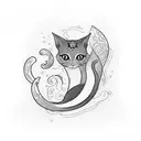 An elegant blackwork tattoo of a cat with a mermaid tail gracefully swimming in the ocean tattoo design idea