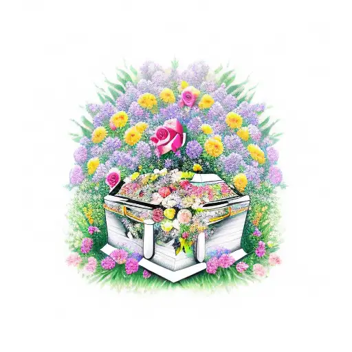 A coffin surrounded by a vibrant garden of roses tattoo design idea