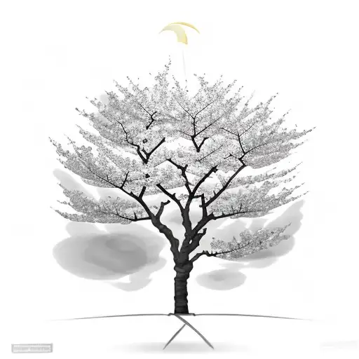 A serene scene of a cherry blossom tree casting a delicate shadow on the ground, with the wind gently rustling the petals tattoo design idea