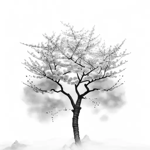 A serene scene of a cherry blossom tree casting a delicate shadow on the ground, with the wind gently rustling the petals tattoo design idea