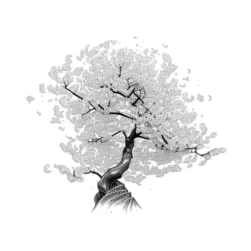 A cherry blossom tree merging with the wind, creating a mesmerizing dance of petals and gusts tattoo design idea